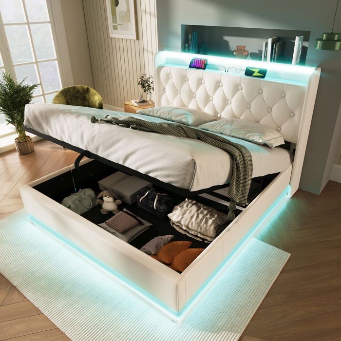 Cama LINKHOO, función LED envolvente de 360°, 160 x 200 cm, con función de carga USB tipo C (colchón no incluido).