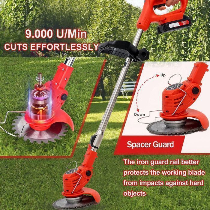 OUTIGO Cordless Electric Brush Cutter, Lawn Trimmer with 2 Batteries and 4 Types of Blades, Adjustable Handle