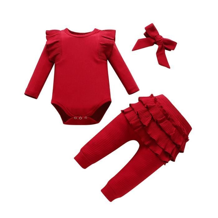Conjunto de 3 piezas para bebé niña con volantes de encaje en algodón: body + pantalón + diadema, rojo