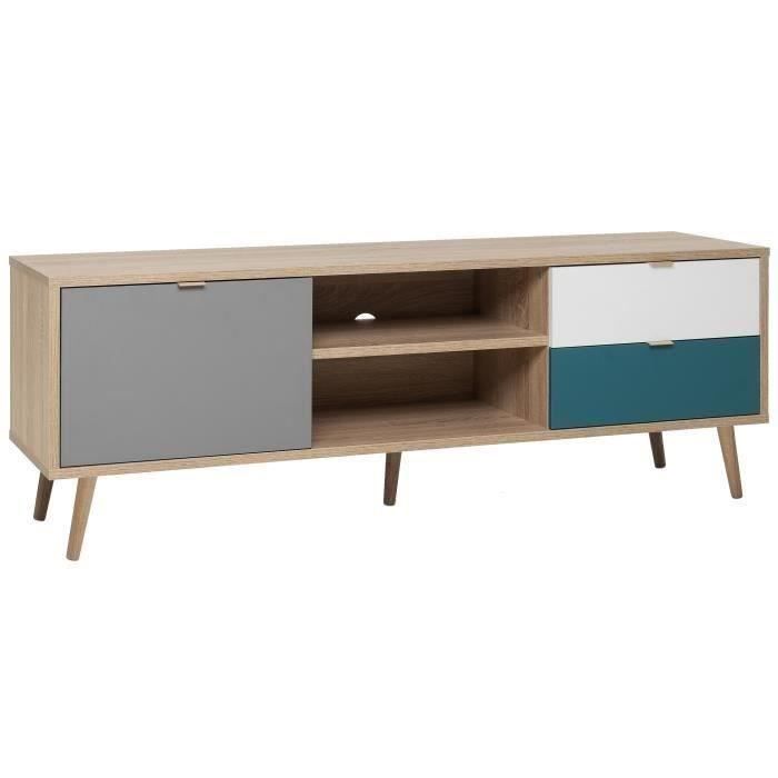 Mueble de TV escandinavo CUBA - Acabado en roble, gris, blanco y azul petróleo - 1 puerta - Ancho 150 x Profundidad 40 x Alto 51 cm