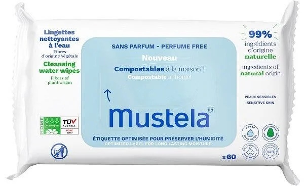 Lenços umedecidos Mustela compostáveis, sem perfume, 60 unidades. Higiene para crianças e adultos.