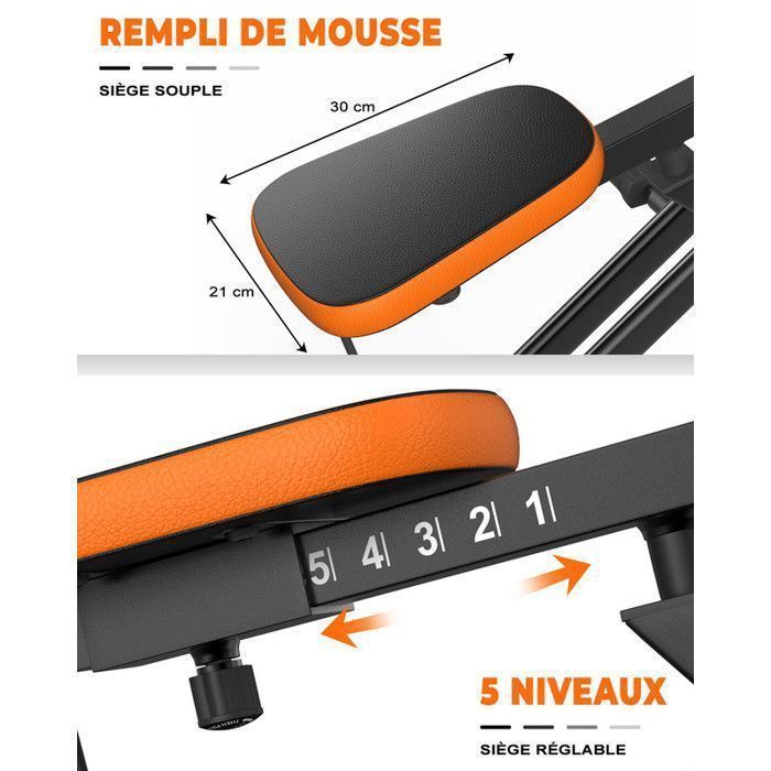 Máquina de ejercicios - Entrenador abdominal - Entrenador aeróbico de interior - Monitor LCD - Carga máxima 120 kg - Negro y naranja