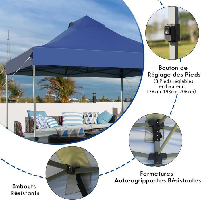 GOPLUS Tonnelle de Reception Pliant 3x3M, Tonnelle de Jardin Pop-UP, Pieds Réglables 305/320/335CM, avec Sac à roulettes, Bleu