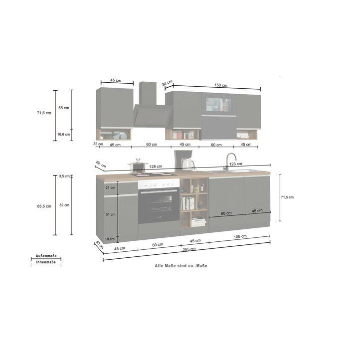 Dmora - Attiko Complete Kitchen, 255x60xh85 cm, Anthracite, Oak, Wood Effect Panel and Glass