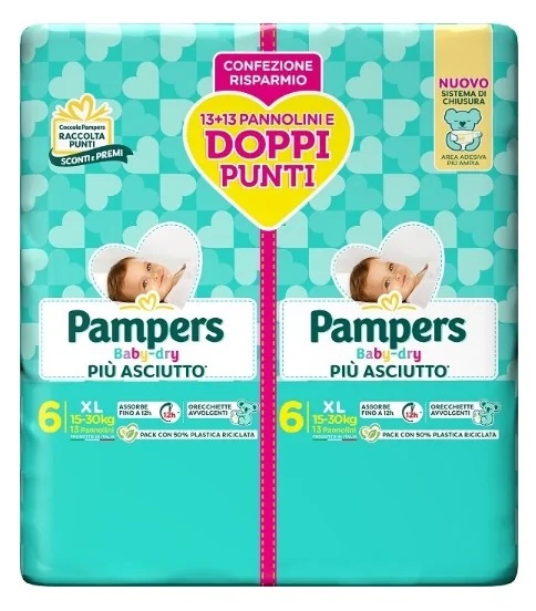 PAMPERS Pañales Pampers Baby Dry Duo Downcount XL, 26 unidades, talla 6 (15-30 kg), paquete doble