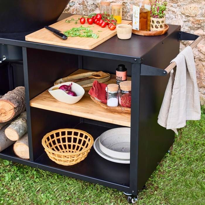 Brasero para barbacoa STROMBOLI de 80 cm de diámetro, carrito de servicio con espacios de almacenamiento y tapa.