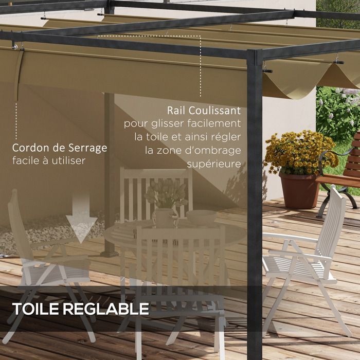 Sliding pergola - Outsunny - 3 x 2 m - anti-corrosion epoxy-coated metal frame - high-density 180 g/m² polyester fabric - khaki