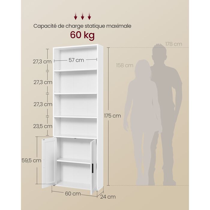 VASAGLE Boekenkast, 6-laags hoge kast met deuren, open opbergmeubel, 24 x 60 x 175 cm, eetkamer, wit