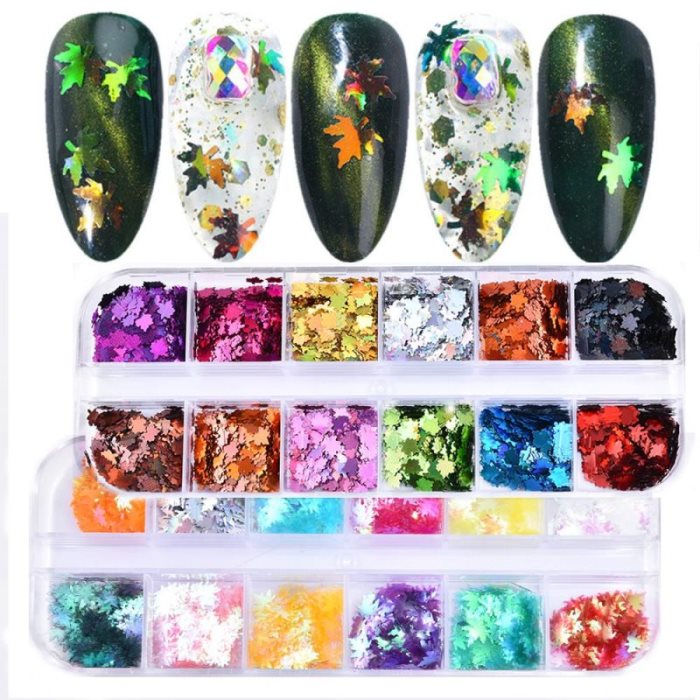 12 boîtes de paillettes pour nail art, sequins, couleur feuille d'érable printanière, flocons holographiques pour ongles, mini décorations scintillantes à faire soi-même