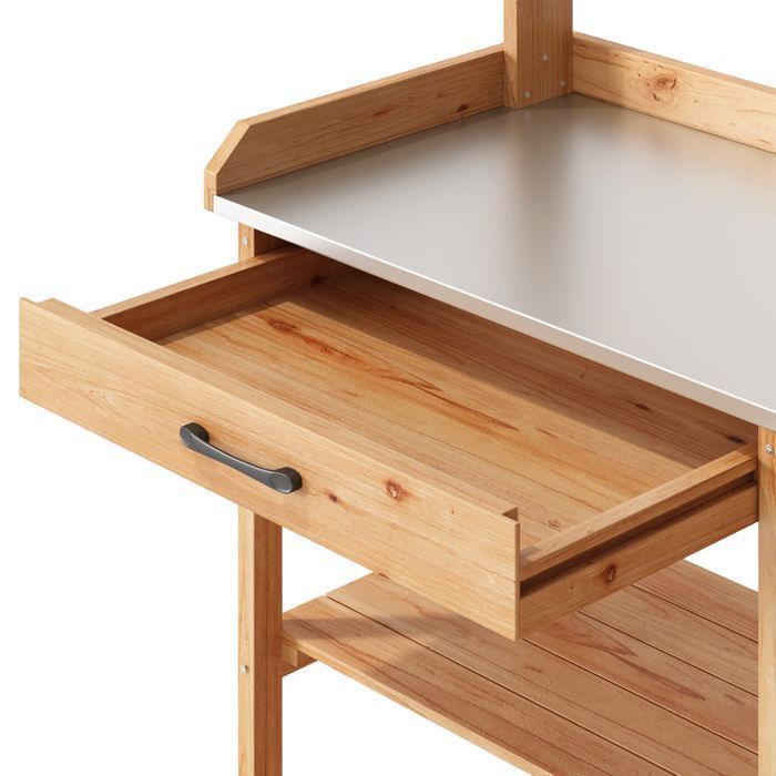 Tavolo da giardinaggio Bealife - Mobile da giardino per esterni - Legno di abete - Piano in metallo - 6 ganci - 1 anta - 1 cassetto