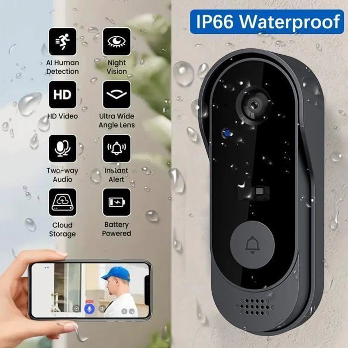 Wireless Doorbell with Camera, WiFi Waterproof Outdoor Doorbell, PIR Human Detection, Infrared Night Vision, Two-Way Audio