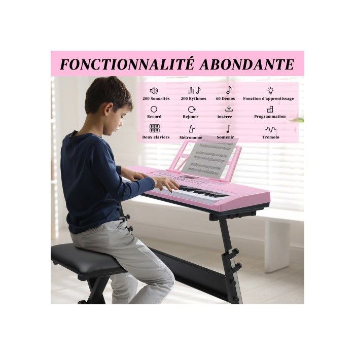 Teclado de piano de 61 teclas con soporte y banqueta, 200 timbres, 200 ritmos, 60 canciones de demostración - Rosa + Negro