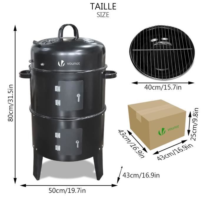 Barbecue Fumoir - BBQ - Charbon de bois - Thermomètre intégré - 3 chambres - 50 x 43 x 80 cm