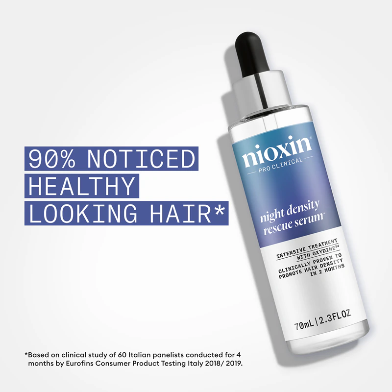 Sérum noturno Nioxin Night Density Rescue para cuidados com cabelos ralos.