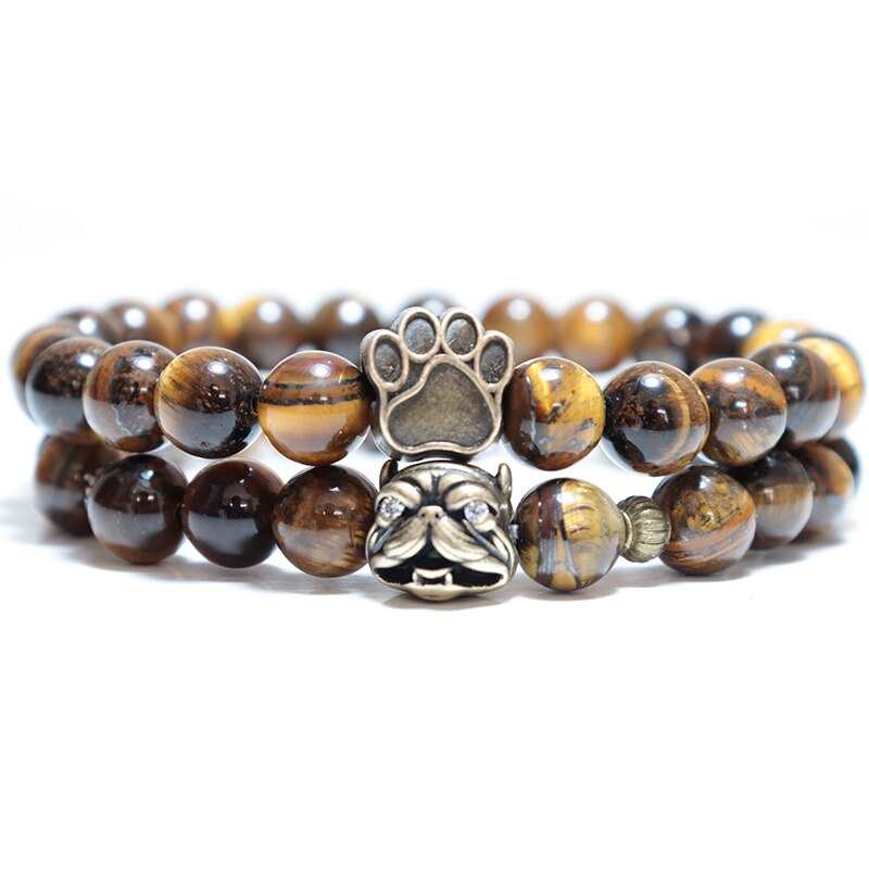 Pulseiras Noter French Bulldog para Homens e Mulheres, Estilo Vintage, com Estampa de Pata de Cachorro, Pulseira Punk, Conjunto com 2 Pulseiras, Lava Natural e Olho de Tigre.