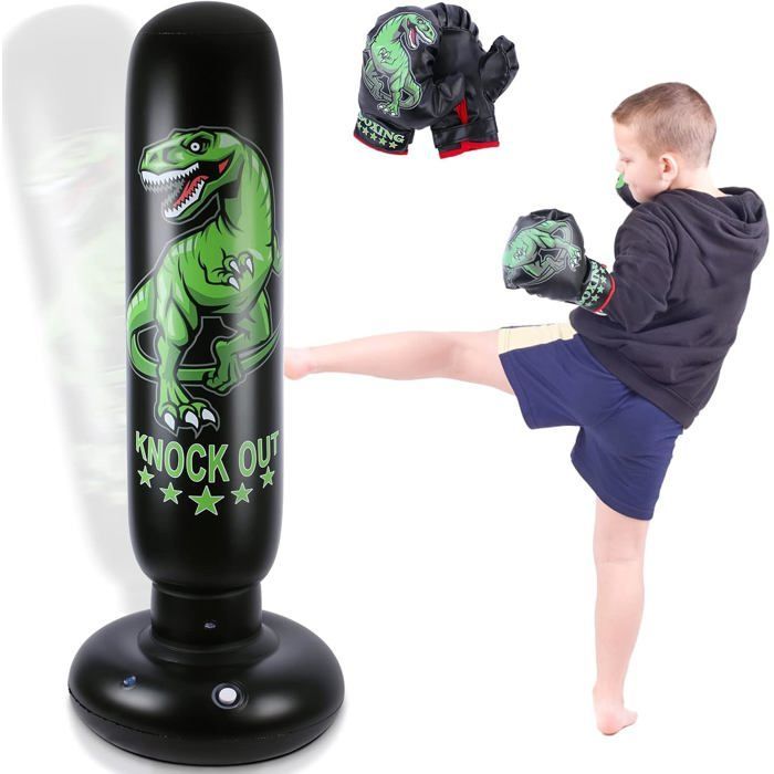 Saco de boxeo de dinosaurio para niños - Saco de boxeo independiente de 160 cm con guantes de boxeo - Juguetes deportivos de dinosaurios feroces