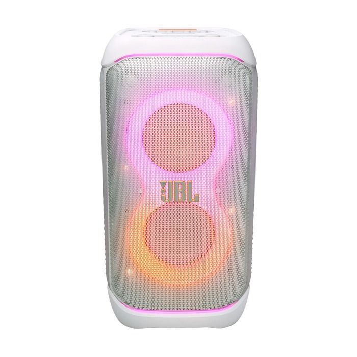 Altavoz portátil Bluetooth JBL PartyBox Stage 320 con ruedas, color blanco.