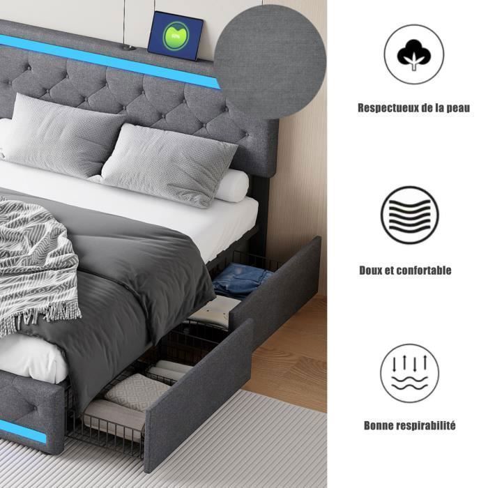 Cama doble 140x190 - PERGAR - Con espacio de almacenamiento - Luces LED - 4 cajones - Ropa de cama gris confortable