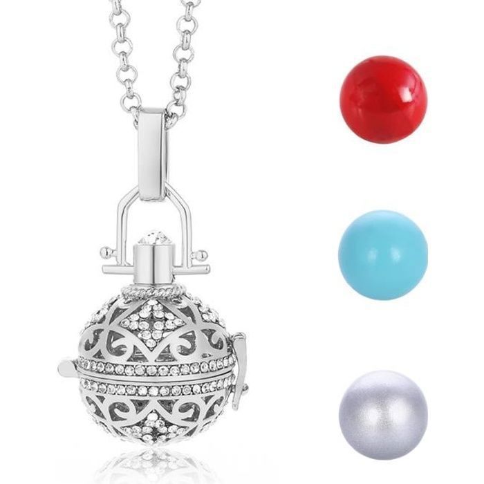 Bola de embarazo, diseño de cielo estrellado brillante, collar de cadena de plata con 3 campanillas de colores (rojo-azul-plata) YYV