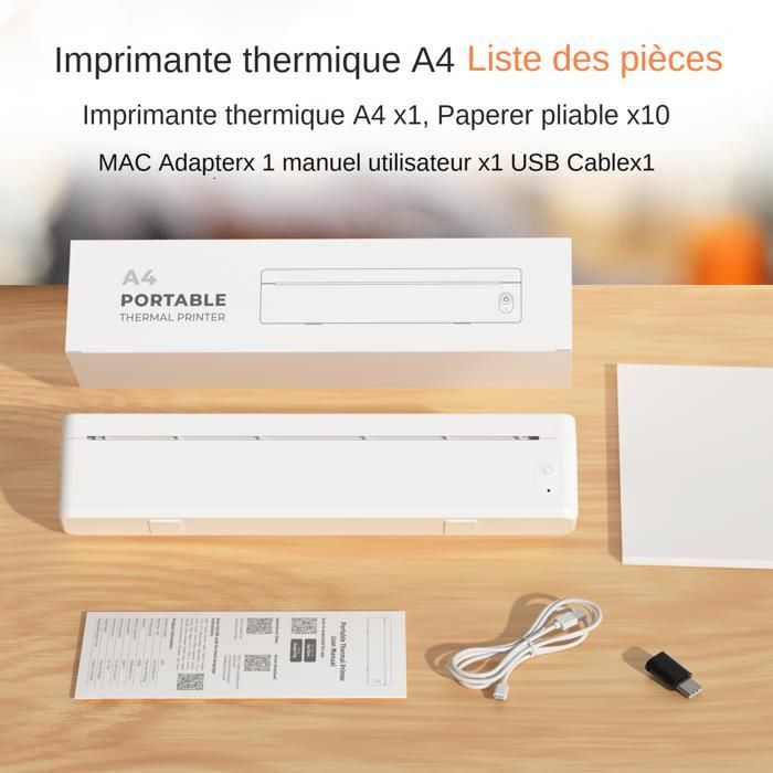 A4 Thermal Printer, Mini Portable Bluetooth Printer, WiFi, No Ink, Weight Only 430g, 251*32*54mm, White