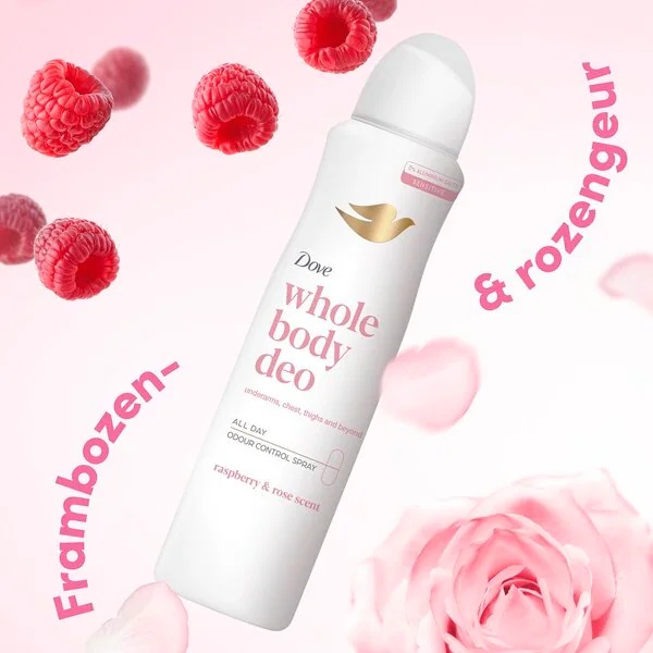 Dove Deodorant v spreji na celé telo s malinou a ružou 150 ml