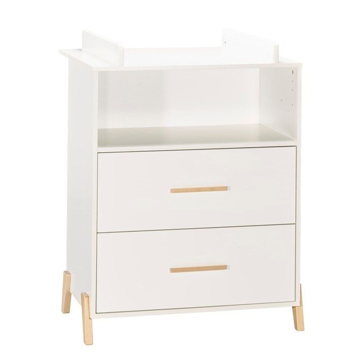 Babyprice Joy Natural Commode - 2 Laden - 1 Nis - Wit - Op Natuurhouten Poten