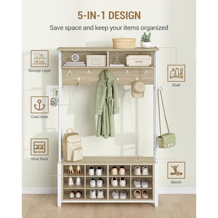 Coat rack, entryway furniture with shoe bench, 14 open compartments, 13 shelves, for entryway, hallway, oak and white