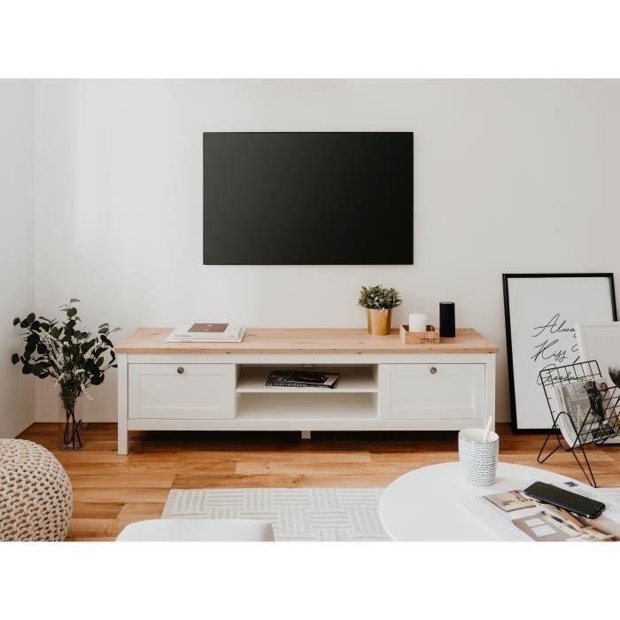 Meuble TV 2 tiroirs - Décor chêne artisan et blanc - L 160 x P 45 x H 40 cm - BERGEN