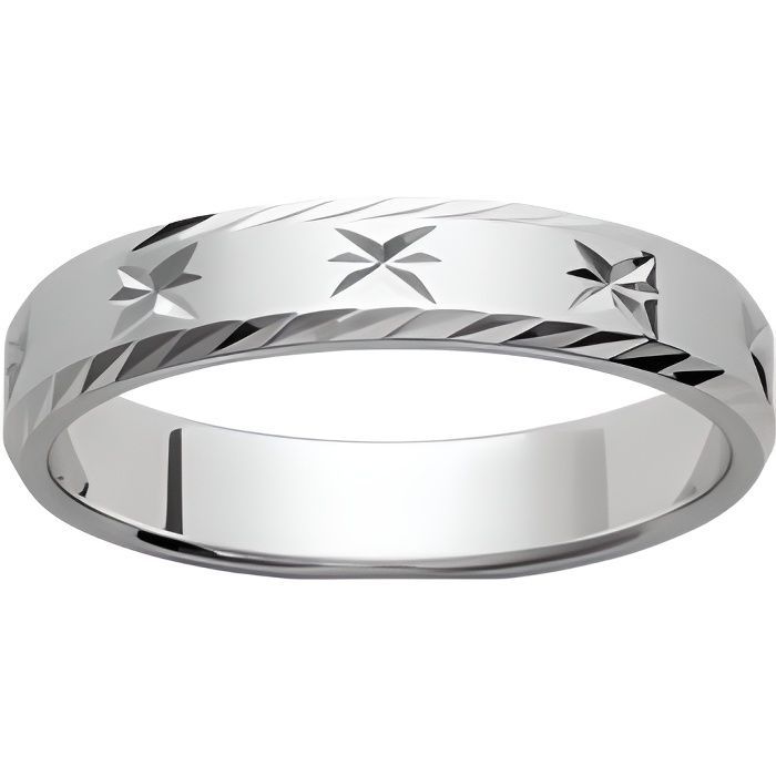 Bague Alliance Femme - Argent 925 Rhodie - Anneau 4mm Biseaute - Motif etoiles