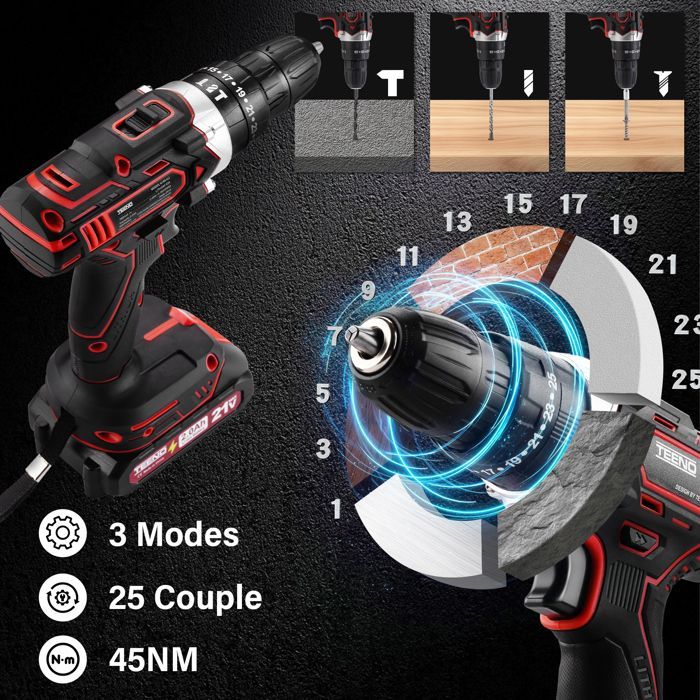Cordless Drill Driver - TEENO - 21V Drill Driver - 45 Nm - 2 Speeds - 2x2.0Ah