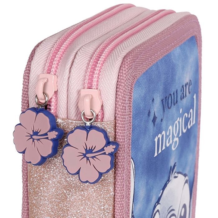 Estuche para lápices de dos compartimentos de DISNEY Stitch CON MATERIAL ESCOLAR para niñas - 32 artículos, 2 cremalleras