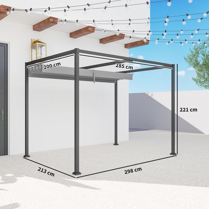 Pérgola corredera retráctil Outsunny - Estructura resistente a la corrosión, tejido de alta densidad de 180 g/m² - Metal - 3 x 2 m - Gris
