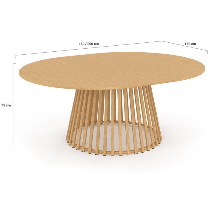 De ronde tuintafel SOLAL, uitschuifbaar van 160 tot 200 cm, biedt plaats aan 6 tot 10 personen en heeft metalen lattenpoten met een houtnerfstructuur.