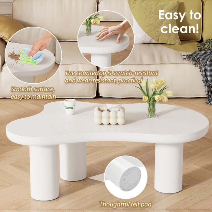Mesa de centro lacada con forma de nube irregular, estilo crema, mesa auxiliar minimalista moderna para sofá, 107x66x40,5 cm, blanca.