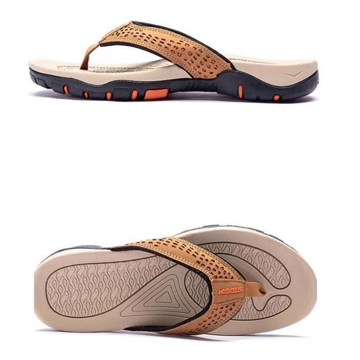 Tongs Homme Été Antidérapante Confortable - Marron Kaki - Cuir - Adulte