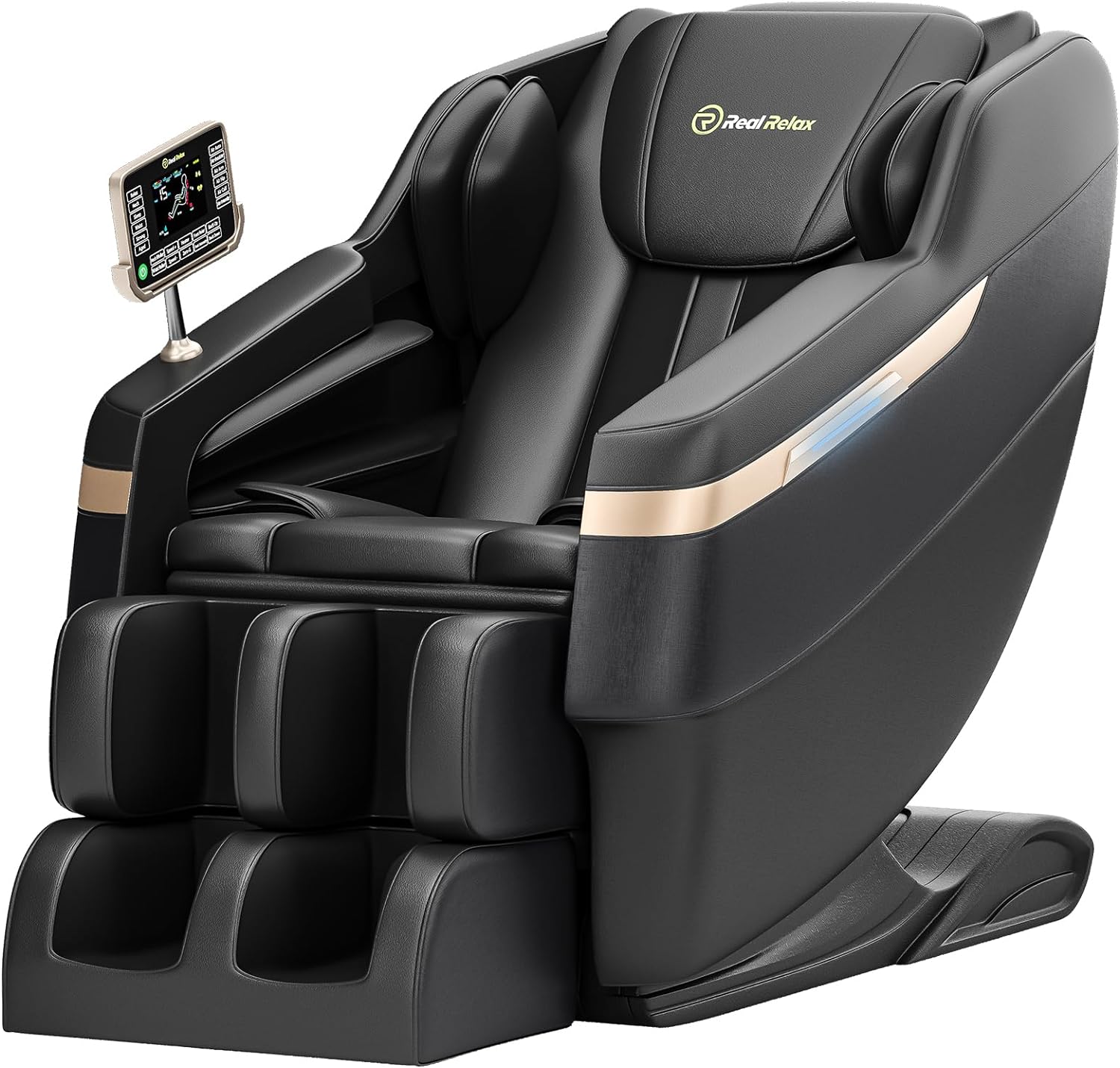 Real Relax 2024 massagestoel, volledige lichaamsmassage, zero-gravity-modus, voetmassage, Bluetooth, lcd-scherm, tailleverwarming, zwart