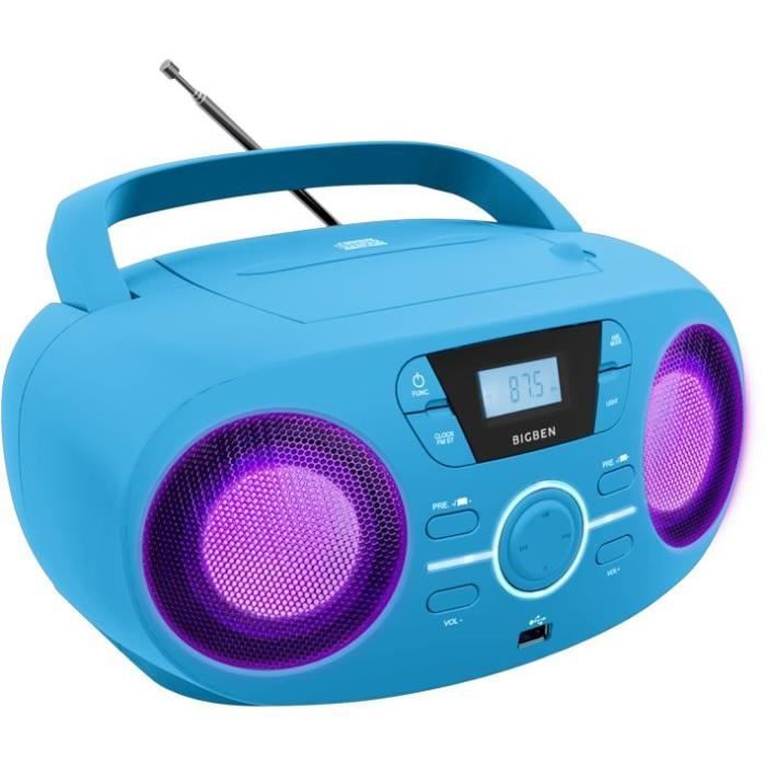 BIGBEN CD61BLUSB Tragbarer USB-CD-Radioplayer, Blau + Beleuchtete Lautsprecher