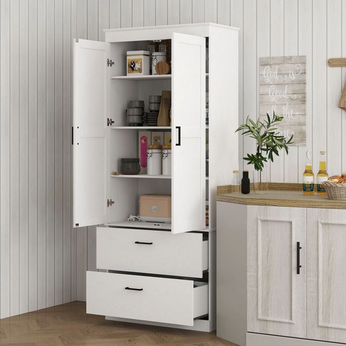 Armoire de cuisine HOMCOM buffet cuisine vaisselier meuble de rangement moderne avec placard 2 tiroirs et étagères réglables, crème