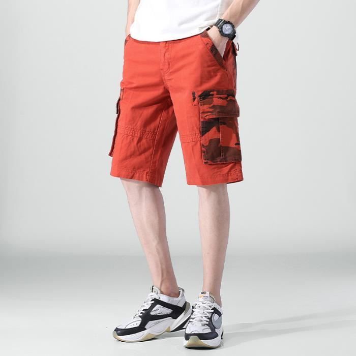 Men's Cargo Bermuda Shorts in Cotton, Straight Cut, Standard Waist, Multi-Pocket Camouflage, Belt Not Included - Orange