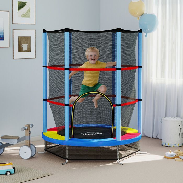 Cama elástica infantil - HOMCOM - Ø 1,40 x 1,90 m (alto) - red de seguridad, puerta con cremallera, 6 postes acolchados, capacidad de carga de 45 kg - multicolor