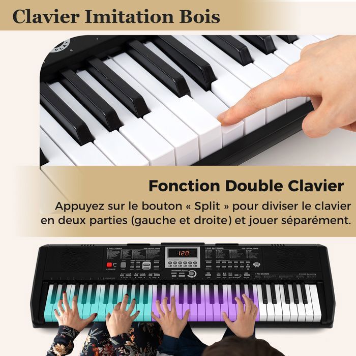 Teclado electrónico portátil COSTWAY de 61 teclas con iluminación - Función SPLIT - Pegatinas - 2 modos de alimentación - Micrófono y auriculares