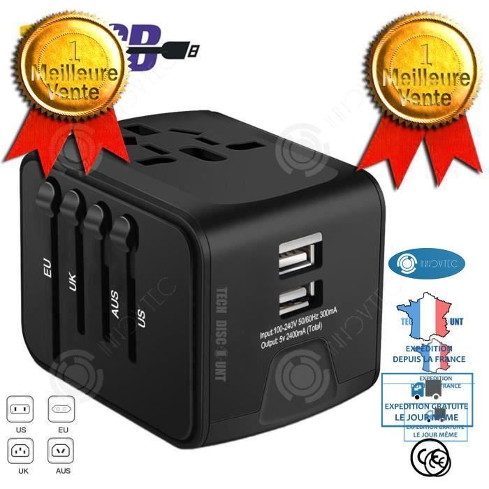 INN® Universele reisadapter met meerdere stopcontacten, geschikt voor de VS, het VK, Australië en 150 andere landen, inclusief internationale stekker, USB-veiligheidszekering en 5V 2,4A multi-pod oplader.