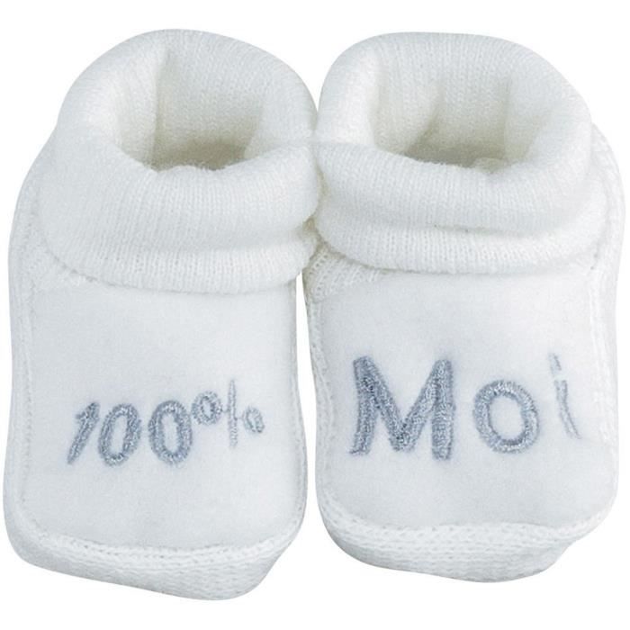 Chaussons bébé TROIS KILOS SEPT - 0-1 mois - Blanc et gris argenté - Message brodé 100% moi