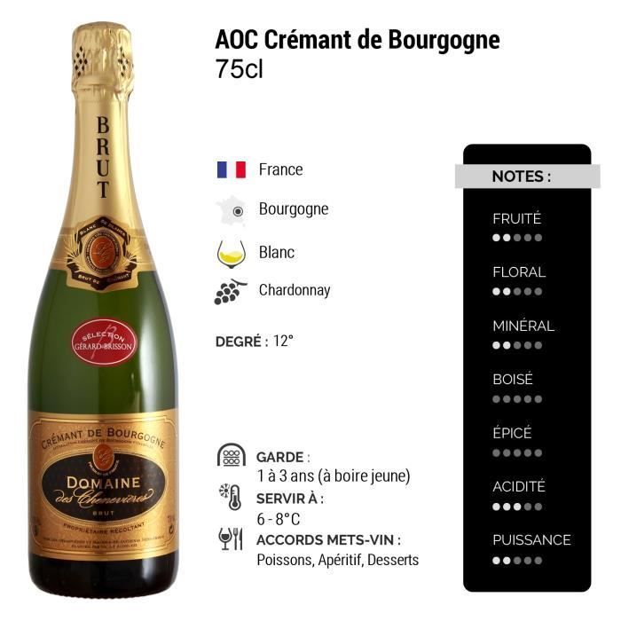 Crémant de Bourgogne Blanc - Paquete de 6 x 75cl - Domaine des Chenevières - Vino espumoso AOC Blanc de Bourgogne