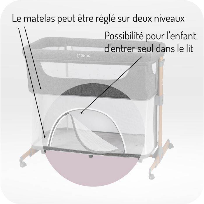 MoMi SMART BED – Lit Cododo Bébé 4-en-1 – Hauteur & Inclinaison – Berceau avec Moustiquaire, Matelas, Accès Latéral – Gris