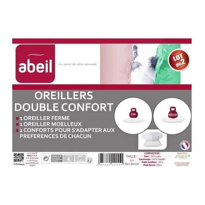 ABEIL Lot de 2 Oreillers DOUBLE CONFORT 100% Coton 60x60cm