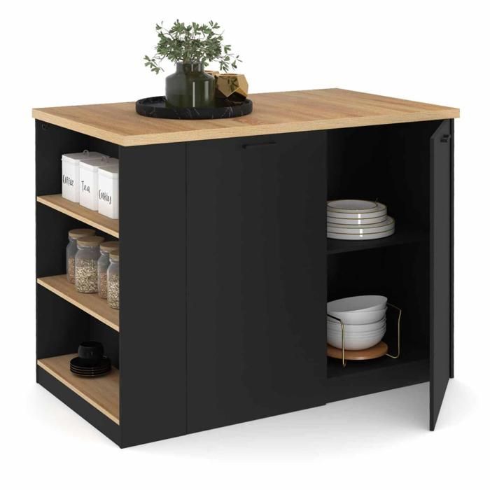 IDMARKET Ilot central TIBO 120 cm bois noir avec plan de travail façon hêtre