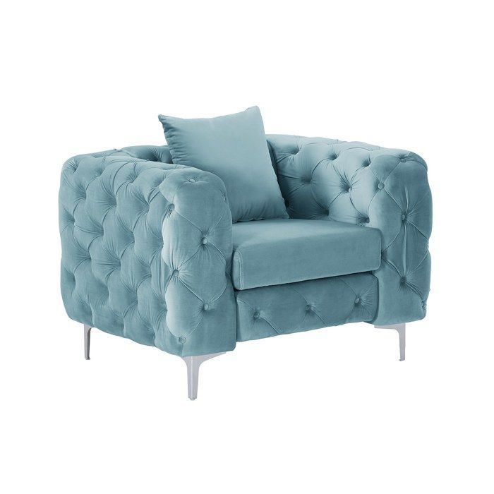 Canapé 3 places, 2 places et fauteuil chesterfield en velours bleu pastel EDWINA