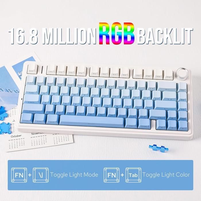 Aula F75 75% Wireless Mechanical Gaming Keyboard - 3 Modes, Gasket Structure, Interchangeable Switches, RGB-Cloud Blue Buttons