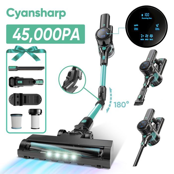 CYANSHARP V8 Aspirateur Balai Sans Fil, Aspirateur Sans Sac 130AW, 3 Vitesses, écran, 100kRPM BLDC Moteur EU, 7*Batterie , CE Rohs